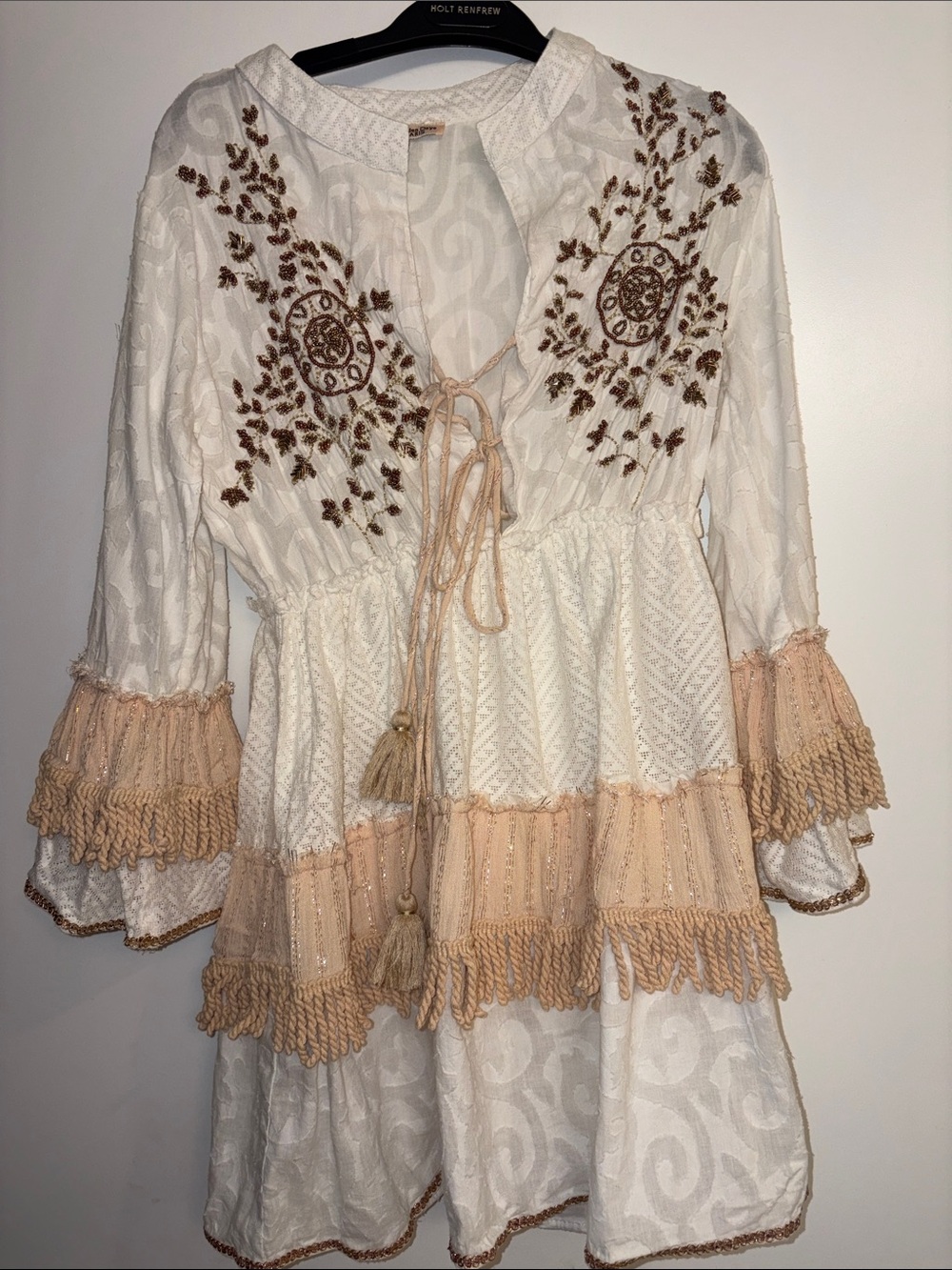 Boho Ivory Embroidered Tie-Front Women's Dress with Beige Trim